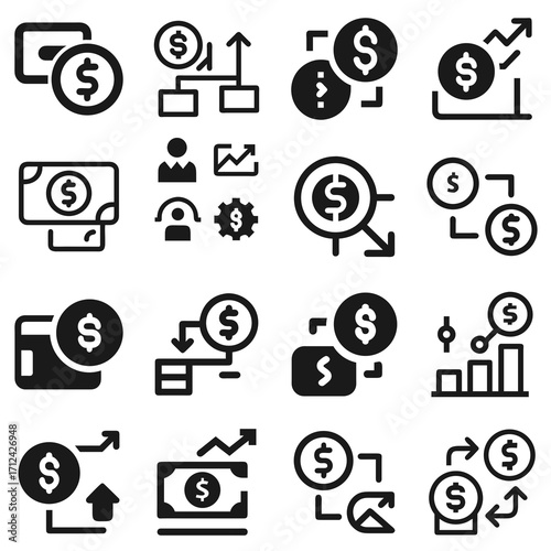 These icons are commonly used in finance, fintech apps, banking systems, investment dashboards, and accounting platforms to visually represent concepts like money transfer, savings, profit growth, inv
