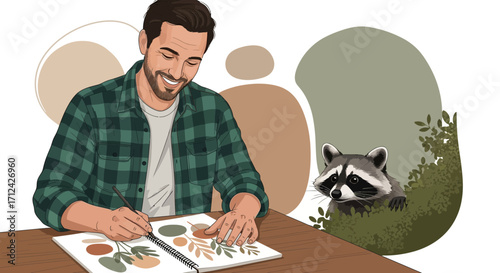 Artist Working On Sketches While A Playful Raccoon Observes The Creative Process