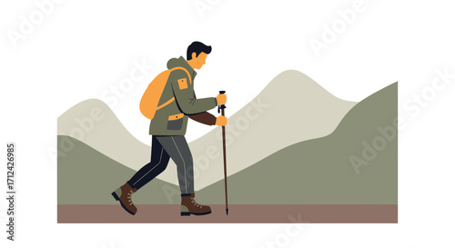 Adventurous Hiker Explores Mountain Trails With Trekking Poles in a Minimalist Design