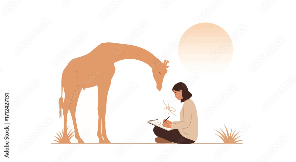 Fototapeta premium Artistic Depiction Of Giraffe And Artist: A Creative Illustration Of Animal Inspiration