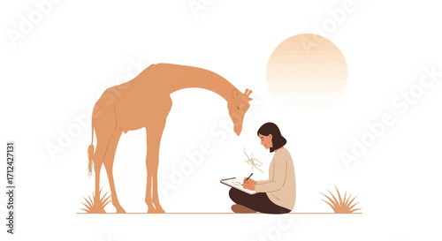 Artistic Depiction Of Giraffe And Artist: A Creative Illustration Of Animal Inspiration