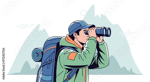 Adventurous Hiker Gazing Through Binoculars Observing The Mountainous Landscape Scene
