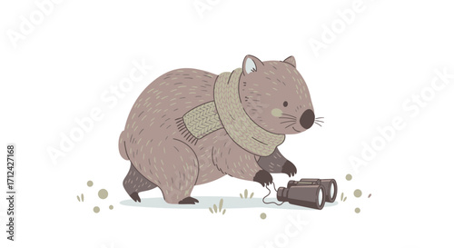 Adorable Wombat With a Scarf Examining Binoculars in a Cute, Whimsical Illustration