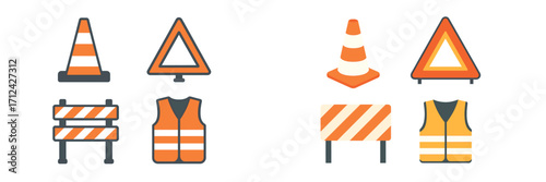 Traffic safety equipment shown in various shapes and forms, highlighting essential tools for road construction and maintenance activities