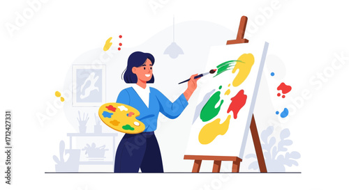 Artistic Woman Creating A Colorful Painting On Canvas, Vector Illustration Of Art Studio