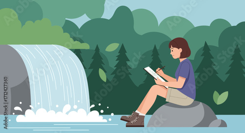 Artistic Woman Sketching Waterfall Scene: Nature-Inspired Illustration Concept