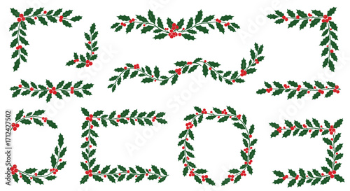 Collection of festive holly and berry decorative elements for holidays.