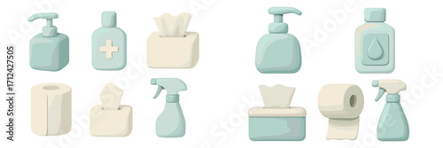 Various cleaning and personal care items arranged in a minimalistic style with soft colors in a modern setting