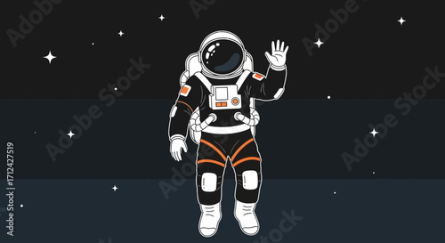 Astronaut Floating in Cosmos, Waving, With Stellar Background, Modern Illustration