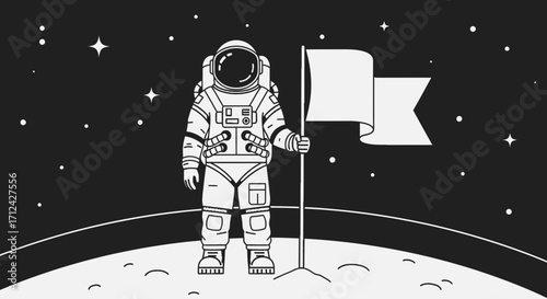 Astronaut Standing Victoriously with a Blank Flag on the Lunar Surface in Space