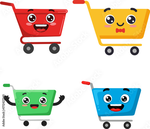 A Collection of Cheerful and Expressive Cartoon Shopping Carts with Various Emoticons on a White Background