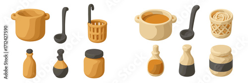 Colorful kitchen utensils and containers arranged neatly on a clean surface for cooking and food preparation