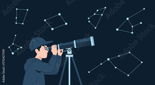 Astronomy Enthusiast Observing Constellations: Celestial Exploration, Stargazing Adventure