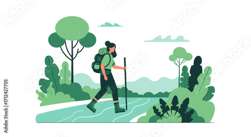 Adventurous Hiker Journeying Through Lush Green Landscape, Nature Exploration Concept