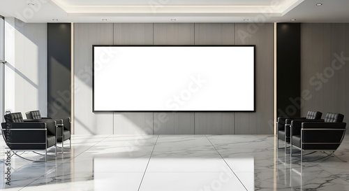 Empty billboard stands prominently in modern lobby with sleek furniture and marble floors, creating a minimalist and professional atmosphere.