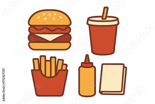 Fast food meal featuring a burger, fries, drink, and condiments on a simple background
