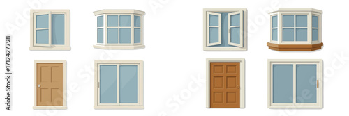 Architectural elements set featuring diverse house windows and doors, including classic casement, modern sliding, and elegant bay window designs