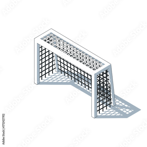 Isometric illustration of a soccer goal with a net, casting a shadow.