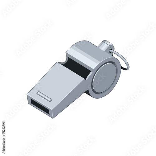 Isometric view of a silver metal whistle with a ring.