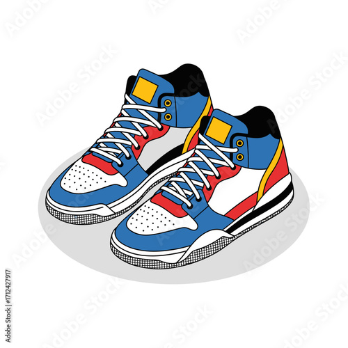 Pair of colorful high-top sneakers with red, blue, and white accents.