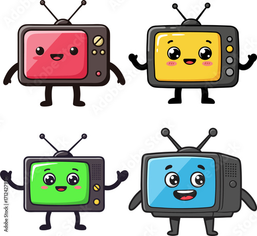 A charming collection of colorful retro television cartoon characters with cute, happy expressions, designed as adorable mascots