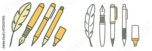 Various writing instruments including pens and feathers arranged on a white background for artistic purposes