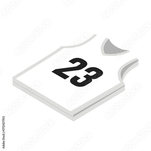 An isometric vector illustration of a white basketball jersey with the number 23 in black, isolated on a white background.