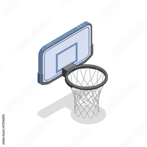 Isometric illustration of a basketball hoop with a backboard and net, casting a shadow on a white background.