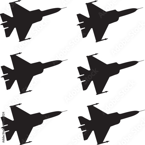 Silhouette Collection of Six Modern Fighter Jets in Different Flight Angles Vector Illustration