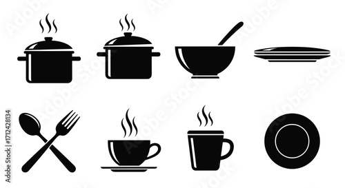 Collection of kitchenware illustrations featuring pots bowls cutlery and cups.