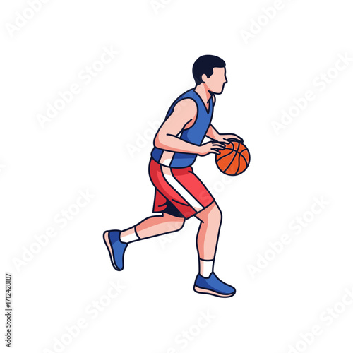 Side profile illustration of a male basketball player in a blue and red uniform dribbling the ball.