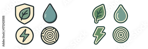 Nature-inspired icons featuring leaves, water drops, and lightning, perfect for eco-friendly designs and projects