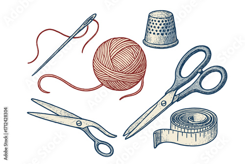 Collection of vintage sewing and tailoring tools including needle, thread, thimble, scissors, and measuring tape