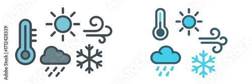 Diverse collection of weather forecast symbols and climate condition icons for digital and print applications