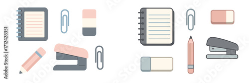 Stationery items arranged on a white background for office or school use showcasing essential tools for writing and organizing