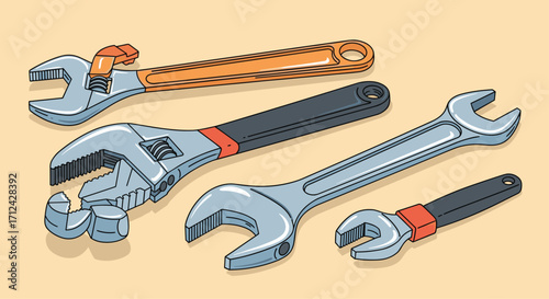 A collection of various adjustable and open ended wrenches for different mechanical tasks.