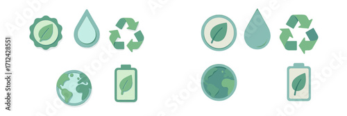Various green symbols representing sustainability, eco-friendliness, and environmental awareness displayed on a simple background
