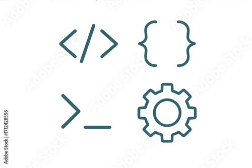 Symbols representing coding, programming, and technology in a minimalist design on a white background