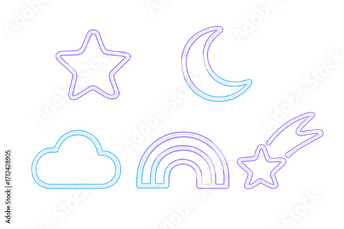 Neon outline celestial and weather elements set featuring star, crescent moon, cloud, rainbow, and shooting star
