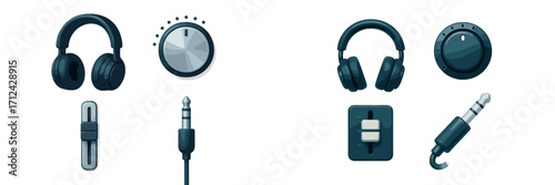 Modern audio equipment collection featuring headphones, rotary volume controls, slider faders, and audio jack connectors for sound engineering