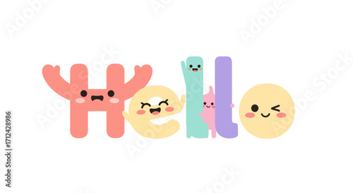 Cute Kawaii Style 'Hello' Text Design with Adorable Faces and Pastel Colors on White Background