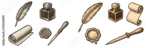 Antique writing instruments including feather quills, ink bottles, parchment, sealing wax, and a letter opener