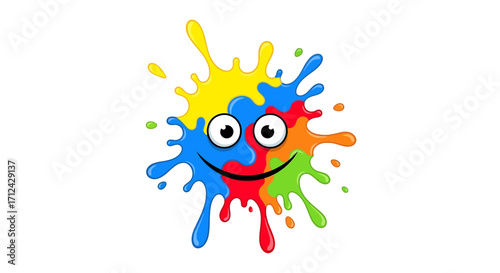 A vibrant and playful splatter of colors forms a happy face with big eyes, radiating joy and creativity in this whimsical illustration