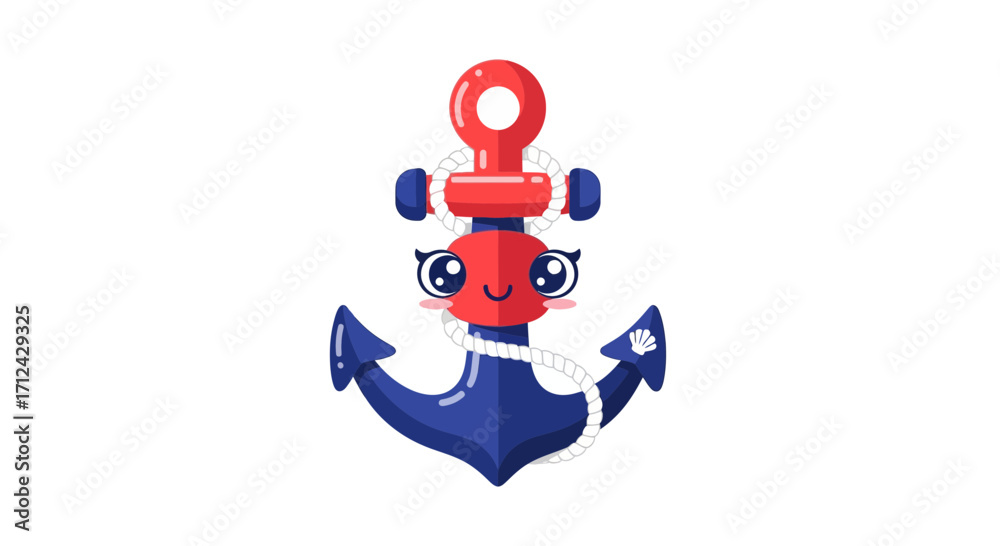Fototapeta premium Cute cartoon anchor with red and blue colors, a nautical symbol with a friendly face, perfect for marine and travel themes