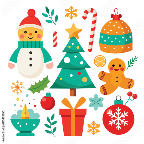 Christmas collection of seasonal elements with Santa and snowman, hand drawn items, vector design
