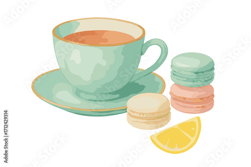 Delightful afternoon tea with colorful macarons and a slice of lemon on a light background