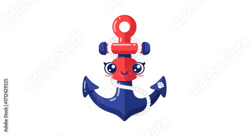 Cute cartoon anchor with red and blue colors, a nautical symbol with a friendly face, perfect for marine and travel themes