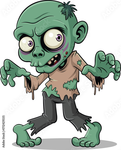 Cartoon zombie character, green skin, scary face, Halloween monster, creepy undead, horror illustration, spooky design, comic style, vector art