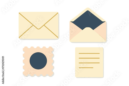 Illustration of stationery items including an envelope, a stamp, and a note on a plain background