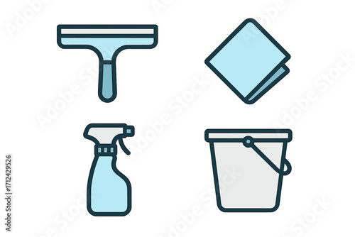 Household cleaning tools and supplies including squeegee, spray bottle, bucket, and cloth for domestic hygiene